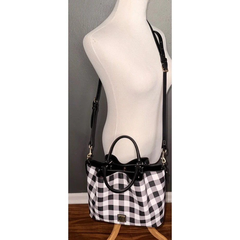 Dooney & Bourke Gingham Check Satchel Crossbody Bag Black White Leather Trim